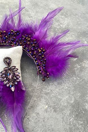 Purple Rooster Feather Crystal Beaded Bridal Henna Tiara and Earring