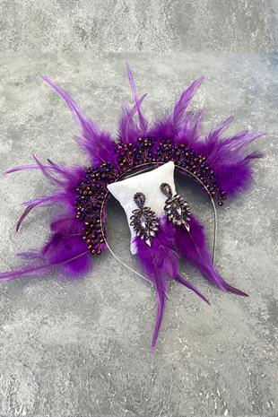 Purple Rooster Feather Crystal Beaded Bridal Henna Tiara and Earring