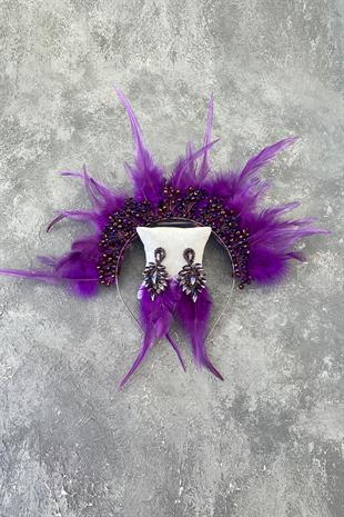 Purple Rooster Feather Crystal Beaded Bridal Henna Tiara and Earring