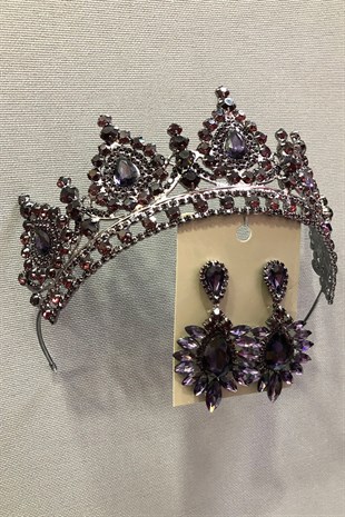 Purple Crystal Stone Metal Case Henna, Bridal Crown and Earring Set