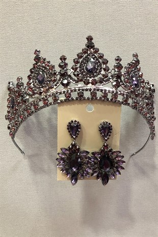 Purple Crystal Stone Metal Case Henna, Bridal Crown and Earring Set