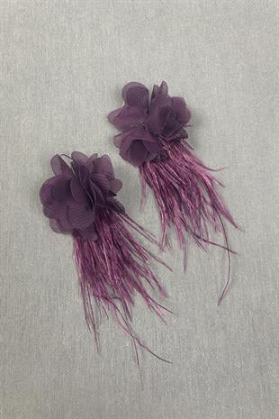 Mor Lazer Çiçekli Deve Kuşu Tüylü Küpe