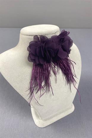 Mor Lazer Çiçekli Deve Kuşu Tüylü Küpe