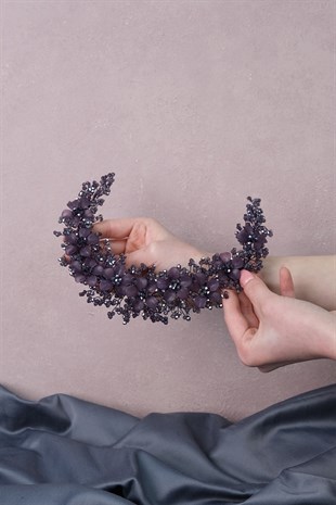 Mor Nida Çiçek Mineli Gelin Tacı Saç ve Türban Aksesuarı