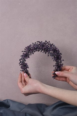 Mor Nida Çiçek Mineli Gelin Tacı Saç ve Türban Aksesuarı