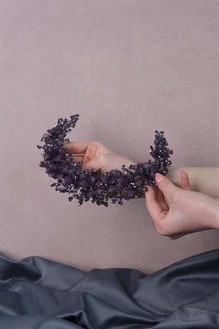 Mor Nida Çiçek Mineli Gelin Tacı Saç ve Türban Aksesuarı