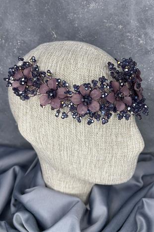 Mor Nileda Kristal Boncuklu Gelin Kına Tacı Saç Aksesuarı