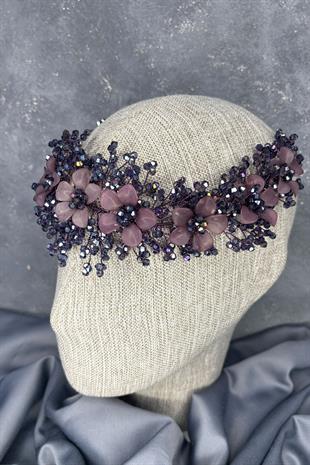 Mor Nileda Kristal Boncuklu Gelin Kına Tacı Saç Aksesuarı