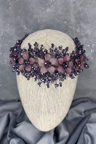 Mor Nileda Kristal Boncuklu Gelin Kına Tacı Saç Aksesuarı