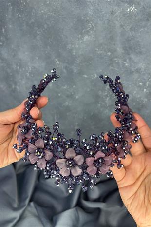 Mor Nileda Kristal Boncuklu Gelin Kına Tacı Saç Aksesuarı