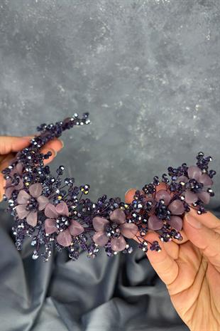 Mor Nileda Kristal Boncuklu Gelin Kına Tacı Saç Aksesuarı