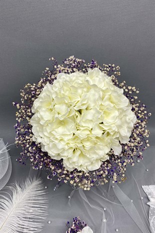 Mor Ortancalı Gelin Buketi,Nikah Şapkası ve Gelin Eldiveni Seti