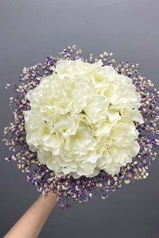 Mor Ortancalı Gelin Buketi,Nikah Şapkası ve Gelin Eldiveni Seti