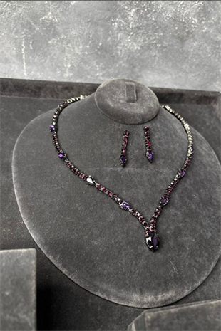 Mor Renk Su Yolu Taşlı Kolye Küpe Set Göz Alıcı Gelin Düğün Takı Seti