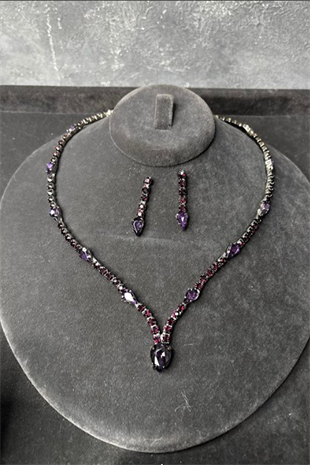 Mor Renk Su Yolu Taşlı Kolye Küpe Set Göz Alıcı Gelin Düğün Takı Seti