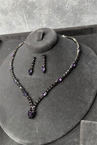Mor Renk Su Yolu Taşlı Kolye Küpe Set Göz Alıcı Gelin Düğün Takı Seti