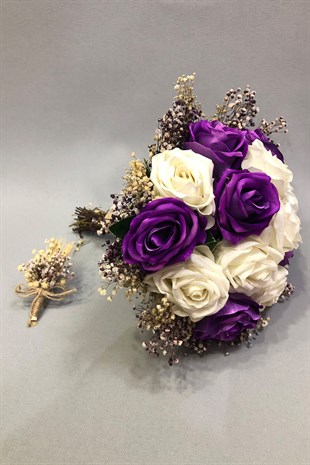 Mor ve Beyaz Güllü Cipsolu Gelin Buketi