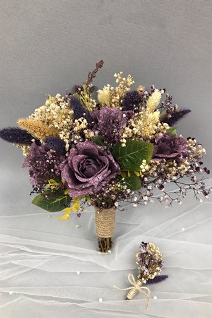 Mor ve Ekru Gelin Buketi ve Damat Yaka Çiçeği