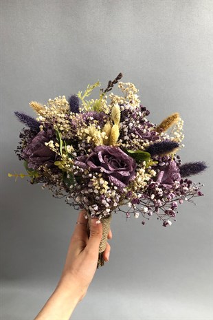Mor ve Ekru Gelin Buketi ve Damat Yaka Çiçeği