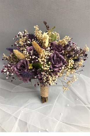 Mor ve Ekru Gelin Buketi ve Damat Yaka Çiçeği
