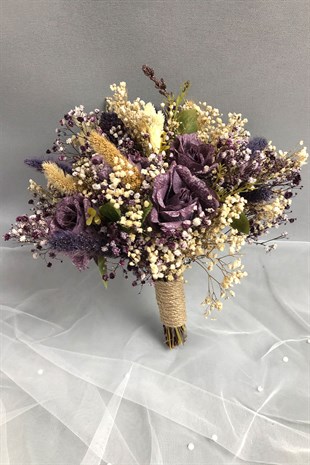 Mor ve Ekru Gelin Buketi ve Damat Yaka Çiçeği