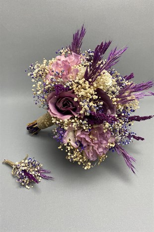 Bride Bouquet and Groom Boutonniere with Purple Artificial Large Roses
