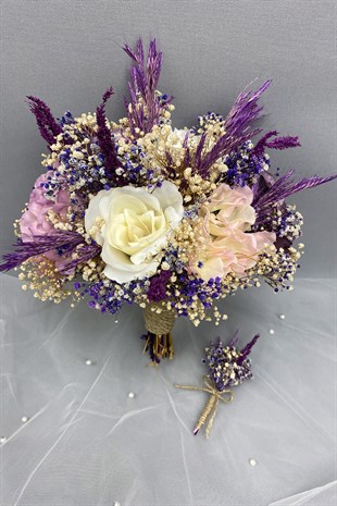 Bride Bouquet and Groom Boutonniere with Purple Artificial Large Roses