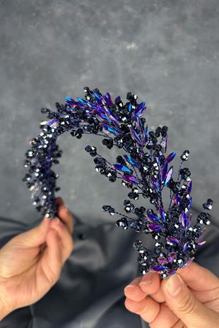 Dark Blue Hera Crystal Beaded Bridal Henna Tiara Hair and Turban Accessory