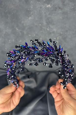 Dark Blue Hera Crystal Beaded Bridal Henna Tiara Hair and Turban Accessory