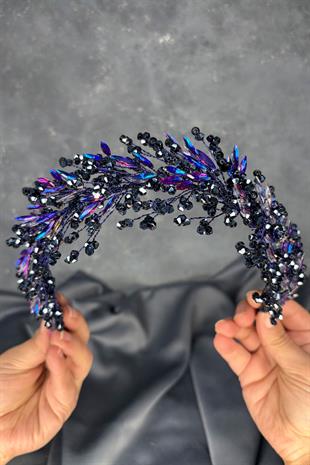 Dark Blue Hera Crystal Beaded Bridal Henna Tiara Hair and Turban Accessory