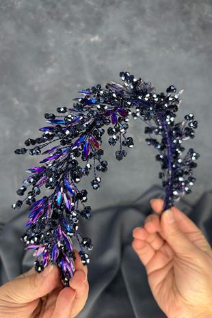 Dark Blue Hera Crystal Beaded Bridal Henna Tiara Hair and Turban Accessory