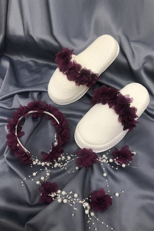 Plum Floral Postpartum Slippers and Pearl Crown