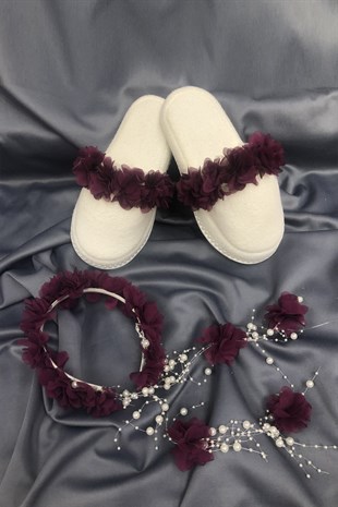 Plum Floral Postpartum Slippers and Pearl Crown