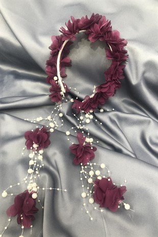 Plum Floral Postpartum Slippers and Pearl Crown