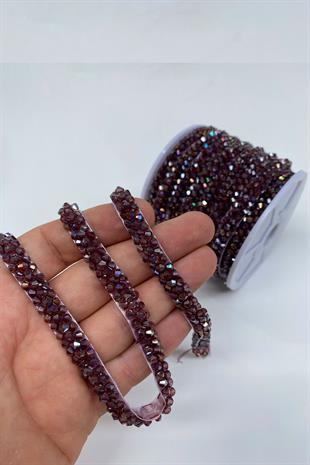 Mürdüm Kristal Boncuk İşlemeli Şerit