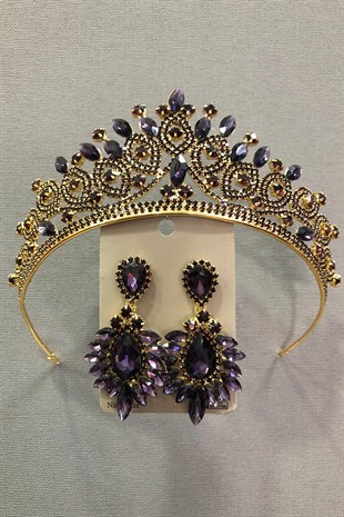 Gold Color Henna Tiara and Earring Set with Plum Crystal Glass Stone