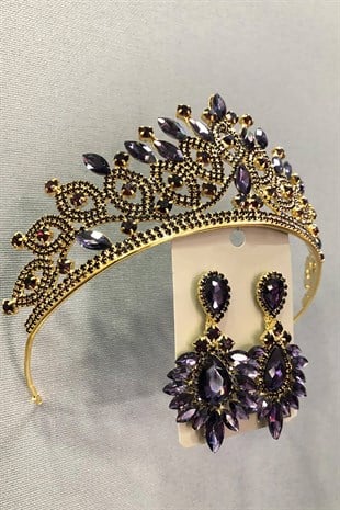 Gold Color Henna Tiara and Earring Set with Plum Crystal Glass Stone