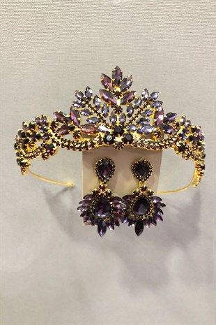 Gold Color Metal Case Henna, Bridal Crown and Earring Set with Plum Crystal Stone