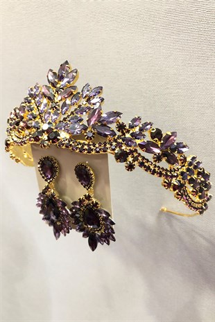 Gold Color Metal Case Henna, Bridal Crown and Earring Set with Plum Crystal Stone