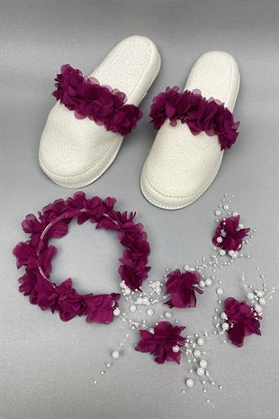 Plum Laser Flower Pearl Crown and Postpartum Slippers Set