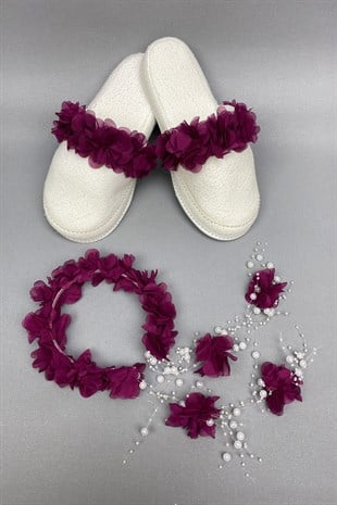 Plum Laser Flower Pearl Crown and Postpartum Slippers Set