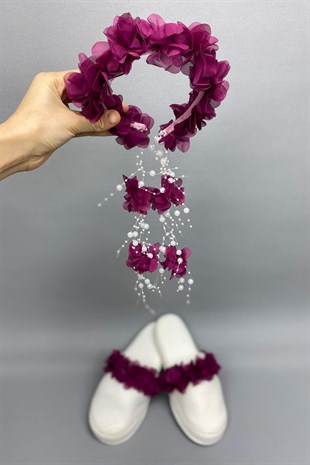 Plum Laser Flower Pearl Crown and Postpartum Slippers Set
