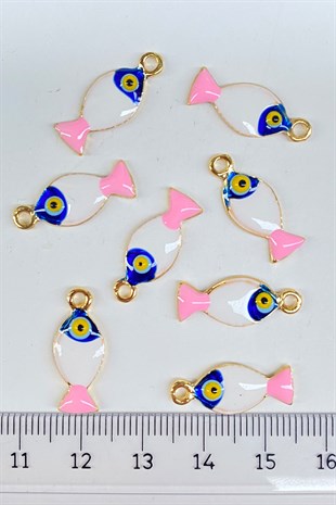 Evil Eye Beaded Metal Fish Pendant Pink 1 Pcs