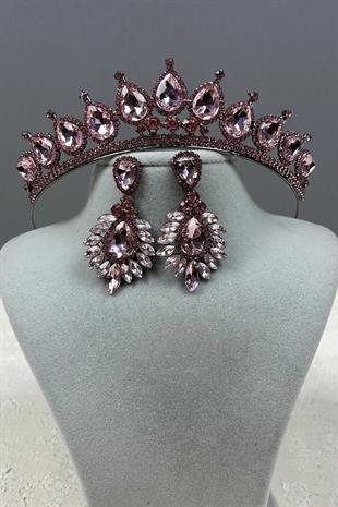 Neri Model Wedding Henna Costume Crown and Drop Earrings Set Pink