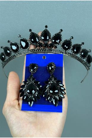 Neri Model Düğün Kına Kostüm Tacı ve Damla Mekik Küpe Seti Siyah