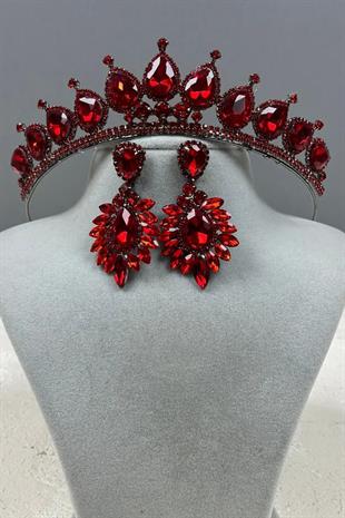 Neri Model Wedding Henna Costume Crown and Drop Earring Set Red