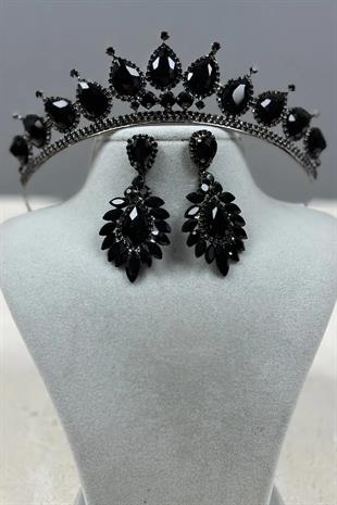Neri Model Düğün Kına Kostüm Tacı ve Damla Mekik Küpe Seti Siyah