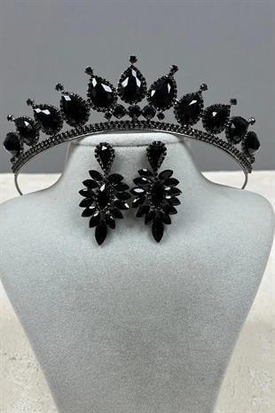 Neri Model Wedding Henna Costume Crown and Drop Earring Set Black