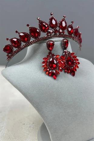 Neri Model Wedding Henna Costume Crown and Drop Earring Set Red