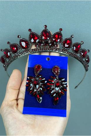 Neri Model Düğün Kına Kostüm Tacı ve Damla Küpe Seti Bordo